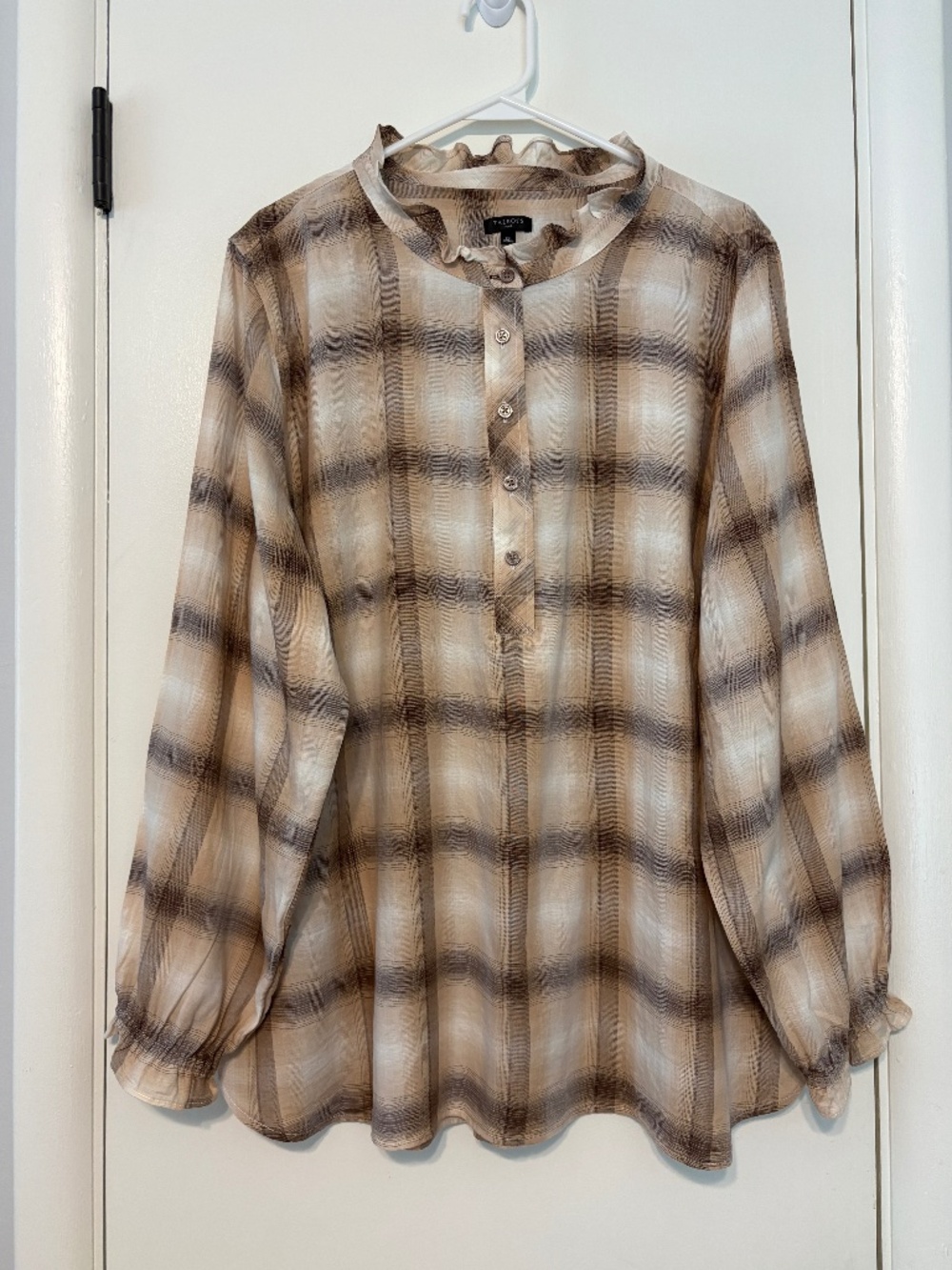 Talbots Women's Plus Tan Sunrise Plaid Ruffle Trim Popover Shirt Top Blouse 2X